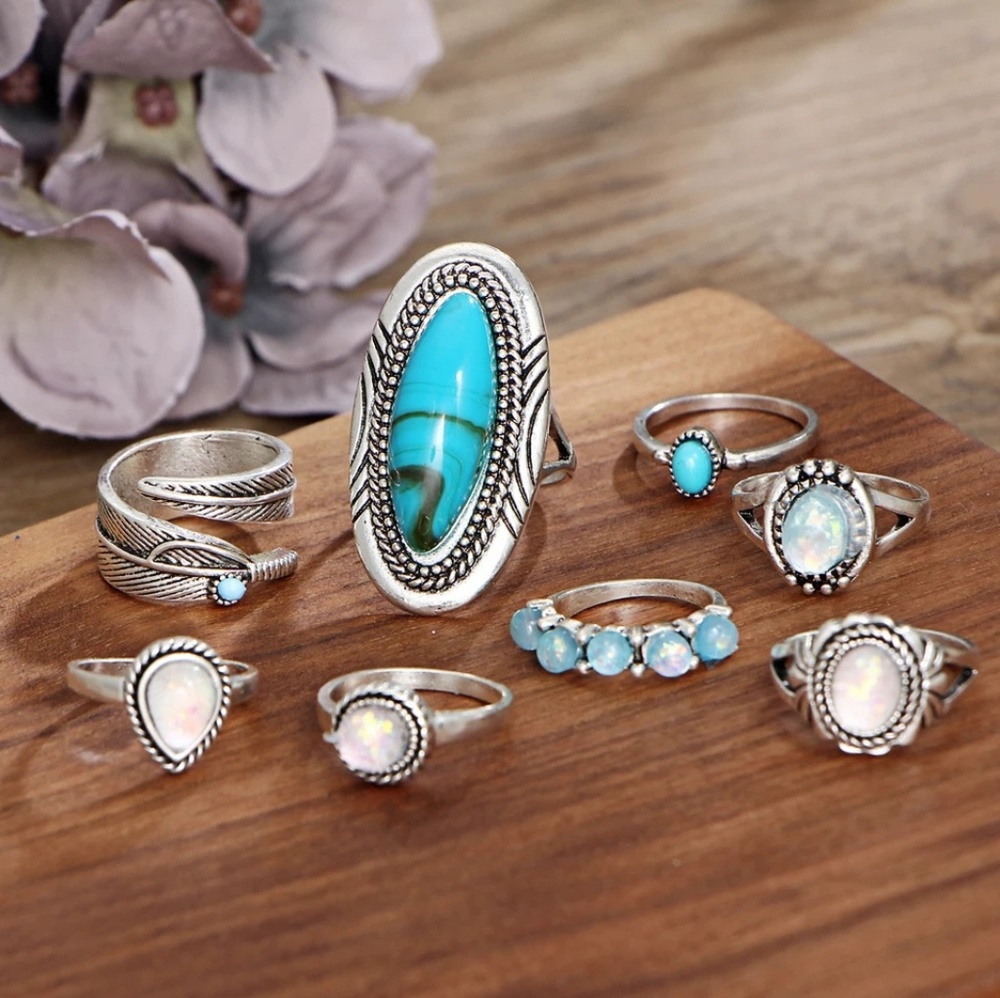🆕8 pc/set Boho silver turquoise/opal rings - Picture 3 of 4